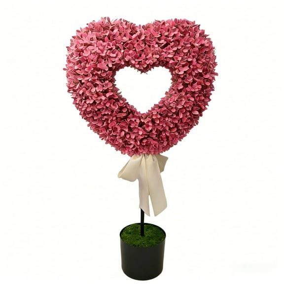 syligr 2.5 Ft Heart Shaped Topiary Tree Artificial Boxwood Planter, Valentine's Day Outdoor Indoor Decor with White Satin Bow, Faux Greenery in Black Pot, Romantic Home Garden Decoration