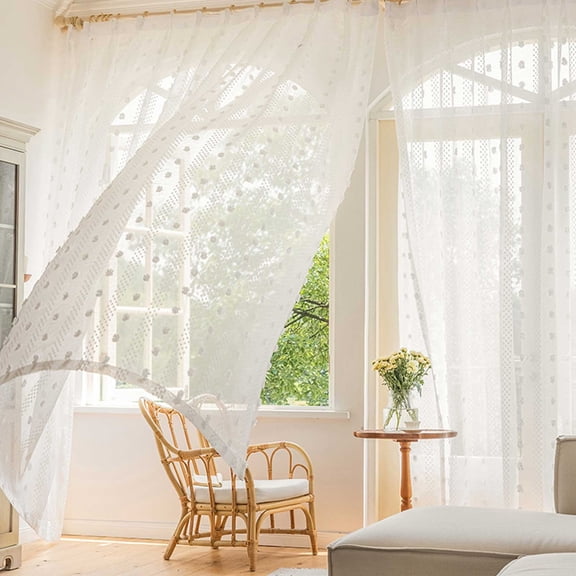 syligr 2 Panels White Pompom Sheer Curtains, 52x84 Inch Light Filtering Voile Window Panel Set, Soft Polyester Semi-Transparent Drapes with Bobble Texture for Living Room Bedroom, Privacy Window