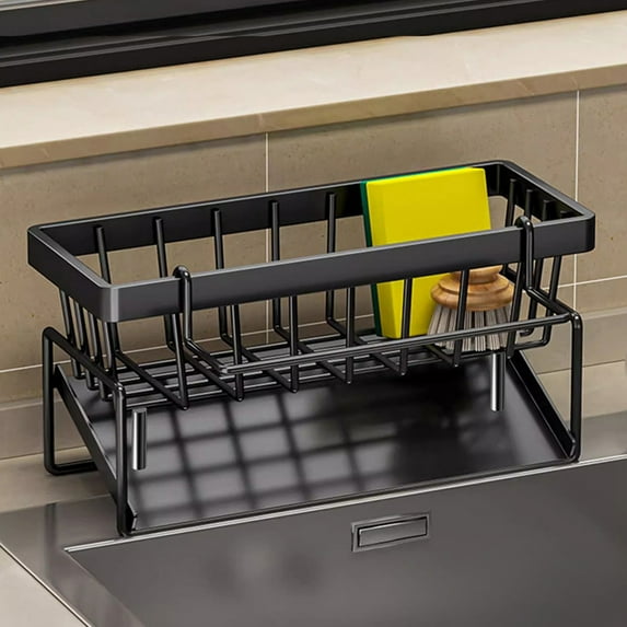 syligr 2 Tier Kitchen Counter Organizer Dish Sponge Holder Drying Rack With Drain Holes For Sink Faucet Utensils Knives Cutting Board Plastic Storage Shelf Gray Black White