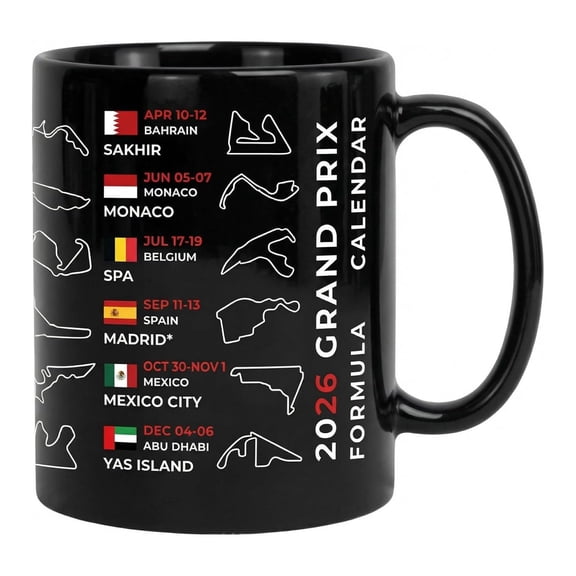 syligr 2026 Formula 1 Racing Season Calendar Mug 11oz Black Ceramic Coffee Cup, Features Circuit Layouts & Dates Includes Madrid Track, Motorsport Fan Gift Dishwasher Safe