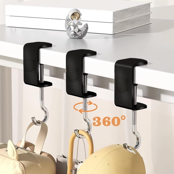 syligr 3 PCS No-Drill Desk Clip Hook,Adjustable Stainless Steel Hanger for Backpack Headphone Bag Key, Space Saving Organizer for Office Home School, Side Mount Clamp with Protective Silicone Pad