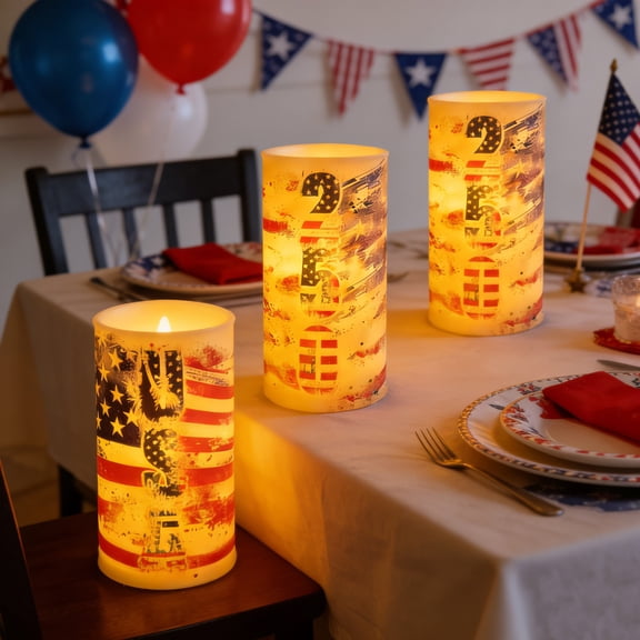 syligr 3 Pack Electronic Candles, LED Pillar Candles, Remote Control Timer Flameless Flickering, Battery Operated Plastic Candle Decor, Safe Hanging Lights for Independence Day 4th of July, Gift