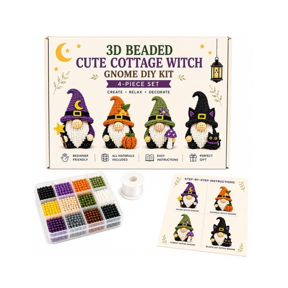 syligr 3D Beaded Witch Dwarf DIY Kit for Halloween Tabletop Decor, All-in-One Gnome Craft Set, Step-by-Step Guide, Star Moon Pumpkin Cat Design, Beginner Friendly, Gift for Friends Family