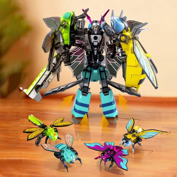 syligr 4 in 1 Insect Transforming Robot Toy, Alloy Mecha Model Kit with Animal Bug Design, STEM Educational Building Toy for Kids Ages 8-12, Cicada Bee Dragonfly Moth Action Figure, Collection Model