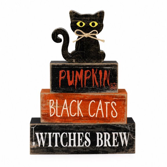 syligr 4-Piece Halloween Tiered Tray Decor for Tabletop, Wooden Stackable Plaque Set with Black Cat Design, Spooky Table Decor for Mantel Shelf Entryway, Distressed Wood, Gothic Halloween Home Decor