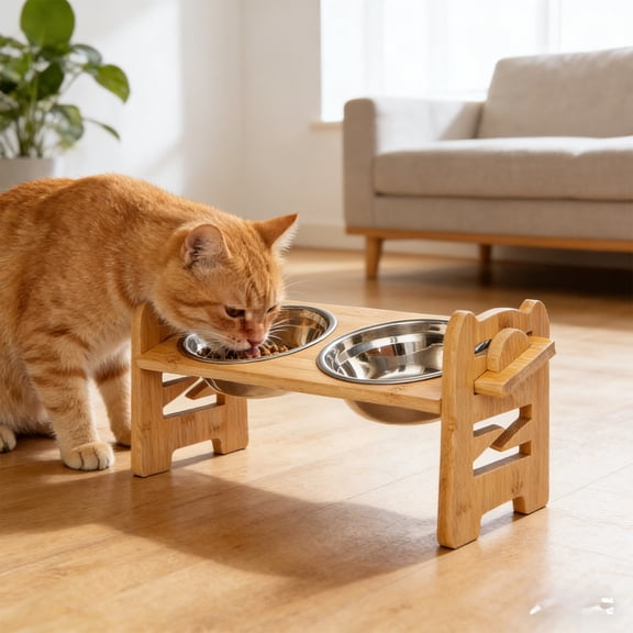 syligr 6 Level Adjustable Height Elevated Dog Bowl Stand with 15 Degree Tilted Feeding Angle for Small Dogs and Cats Includes 2 Stainless Steel Bowls Anti-Slip Base Wooden