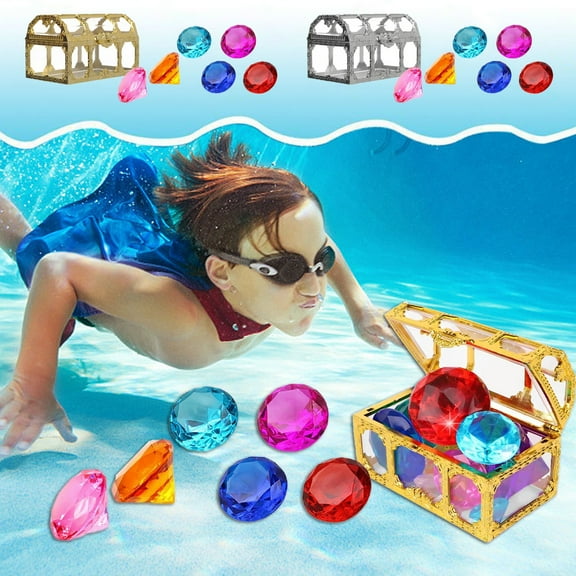 syligr 7 Pcs Treasure Chest & Gemstone Set – Crystal Diving Toys for Kids, Pirate Treasure Hunt Pool Beach Game, Underwater Gem Discovery, Summer Water Toys for Boys Girls, Birthday Pool Party Gift