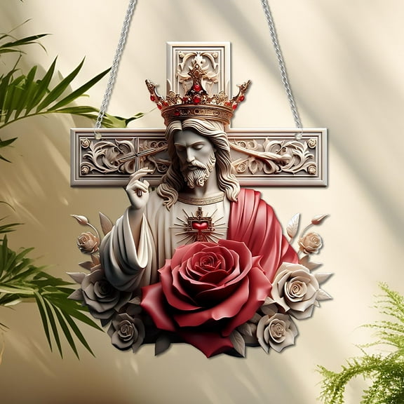 syligr Acrylic Easter Sun Catcher, Flower Cross Window Hanging Decor, Religious Holiday Ornament for Home, Colorful Wall Hanging for Porch, Light Catcher Decoration