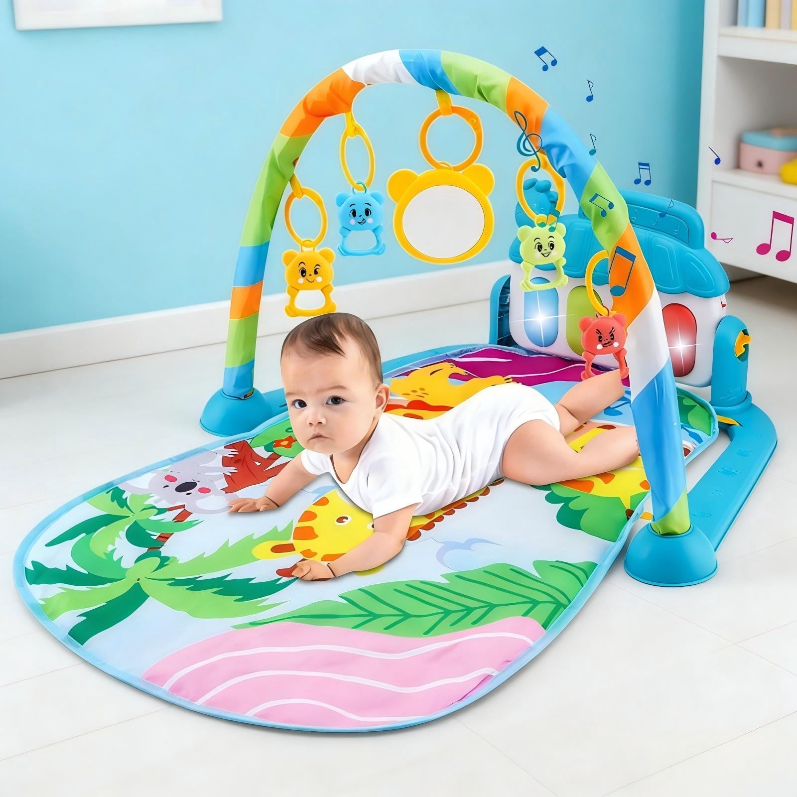 syligr Baby Gym Play Mat with Kick Piano for Newborns Infants 0-12 Months Tummy Time Activity Center, 5 Removable Hanging Toys, Sensory Musical Mat, Large Non-Slip Pad, Birthday Gift for Boys Girls
