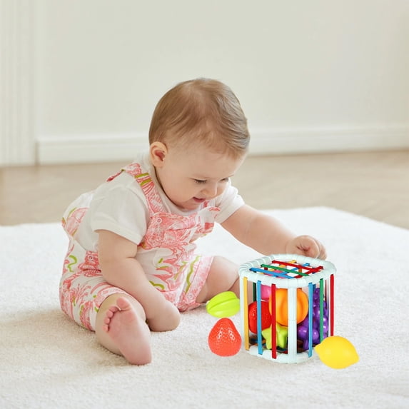 syligr Baby Shape Sorter Toy for Infants Ages 6+ Months Infant Fine Motor Skill Toys 1 Set 4.3 Inches ABS Plastic Material with Stretchy Strings and Fruits Hand Eye Coordination Learning Gift