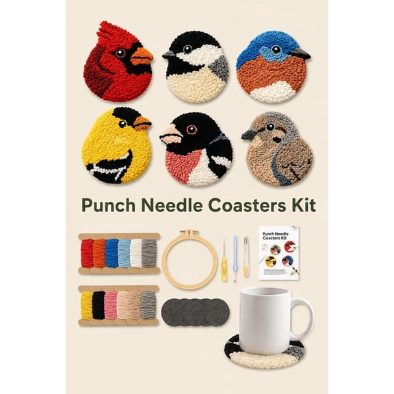 syligr Beginner Punch Needle Coaster Kit for DIY Craft, Bird All-in-One Supplies, Step-by-Step Guide, Handmade Gift for Friends, Housewarming Present, Coffee Table Mat, Yarn Craft Set for Adults