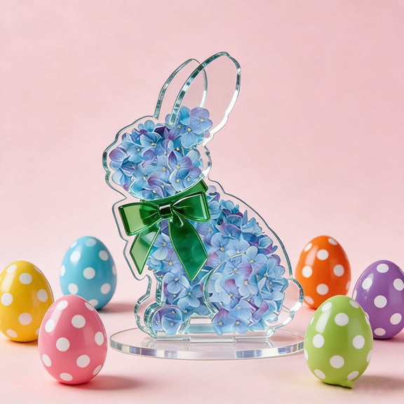 syligr Blue Hydrangea Easter Bunny Figurine Spring Floral Home Decor Artificial Flowers 8 Inch with Bow for Tabletop Mantel Centerpiece Easter Holiday Gift