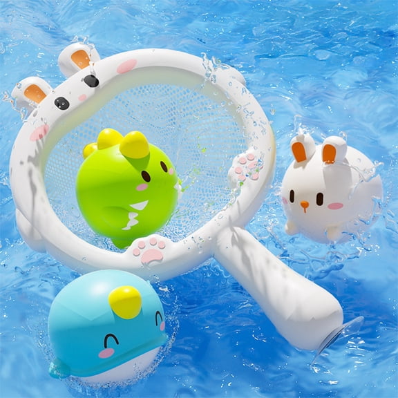 syligr Bunny Fishing Net Bath Toy Set, Light Up in Water, 1 Rabbit Scoop + 3 Balls, Pool Toys for Toddlers, Develop Hand-Eye Coordination, Summer Water Play, Easter Birthday Gift for Kids