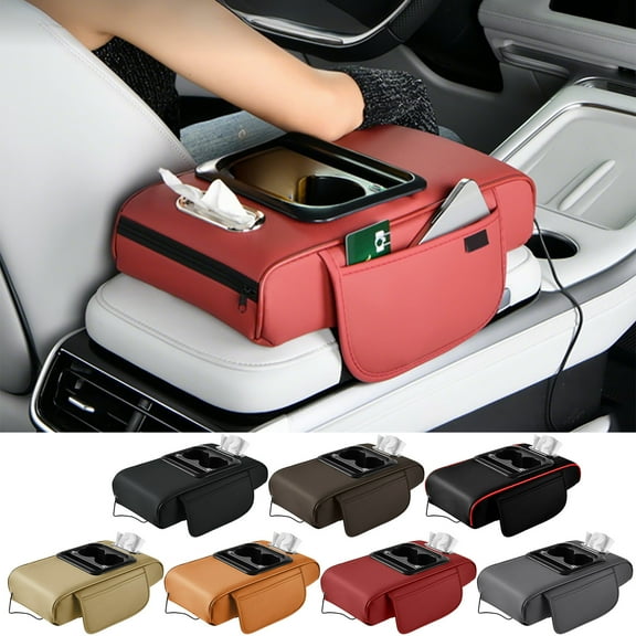 syligr Car Armrest Organizer with USB Charging Ports, Universal Center Console Storage with Cup Holder & Phone Slot, Elastic Straps for Easy Installation, Leather Texture Car Accessory