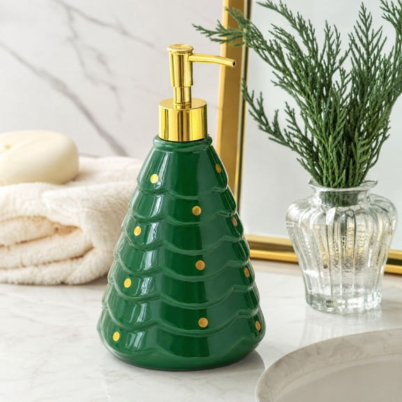 syligr Christmas Tree Ceramic Soap Dispenser for Bathroom Kitchen, Decorative Pump Bottle with Gold Dots for Home Indoor, Mini Tree Ornament for Holiday Party Gift, 25oz