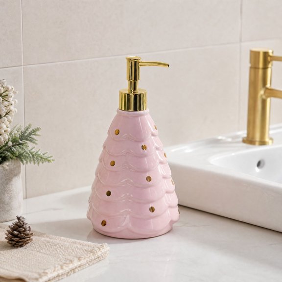 syligr Christmas Tree Ceramic Soap Dispenser for Bathroom Kitchen, Decorative Pump Bottle with Gold Dots for Home Indoor, Mini Tree Ornament for Holiday Party Gift, 25oz