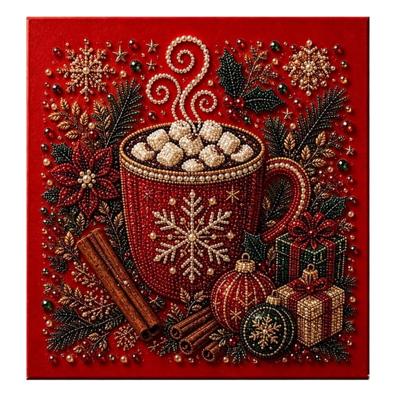 syligr Coffee Diamond Art Kit for Adults, Christmas Decorations DIY Pearl Painting with Gift Box and Holly, Christmas Wall Mantel Decor for Home, Handmade Holiday Gift