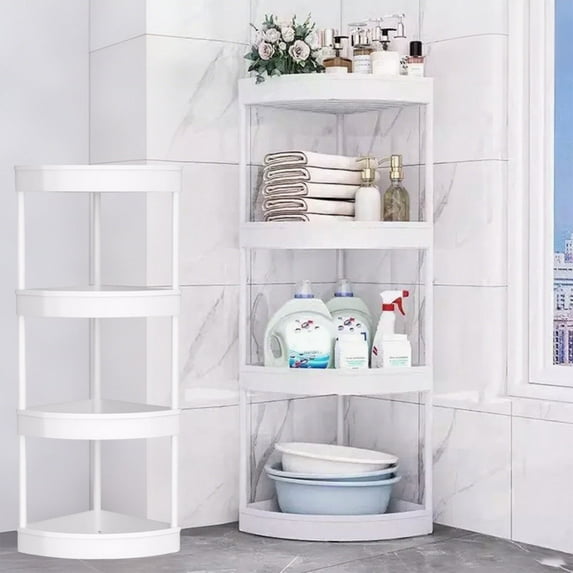 syligr Corner Storage Shelf Floor Stand 4 Tier 32x14 Inches, Bathroom Kitchen Narrow Space Organizer with Removable Rollers, Plastic and Stainless Steel Crevice Shelf, No Wheels