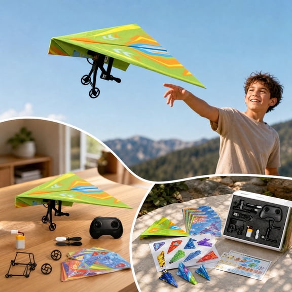 syligr DIY Paper Plane Upgrade Kit, Electric RC Paper Airplane, STEM Flying Toy with 10 Models and 20 Colorful Sheets, Indoor Outdoor Activity, Christmas Birthday Gift for Kids Teens