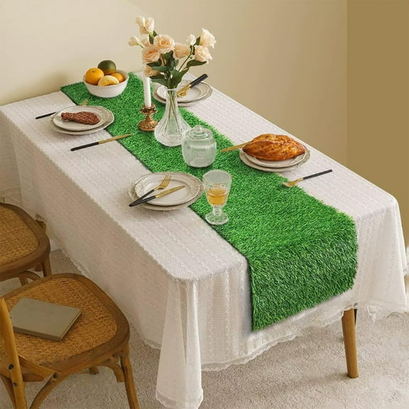 syligr Easter Artificial Grass Table Runner Green Simulation Lawn Plastic Tablecloth for Party Spring Holiday Decoration Indoor Outdoor Easy Clean Reusable