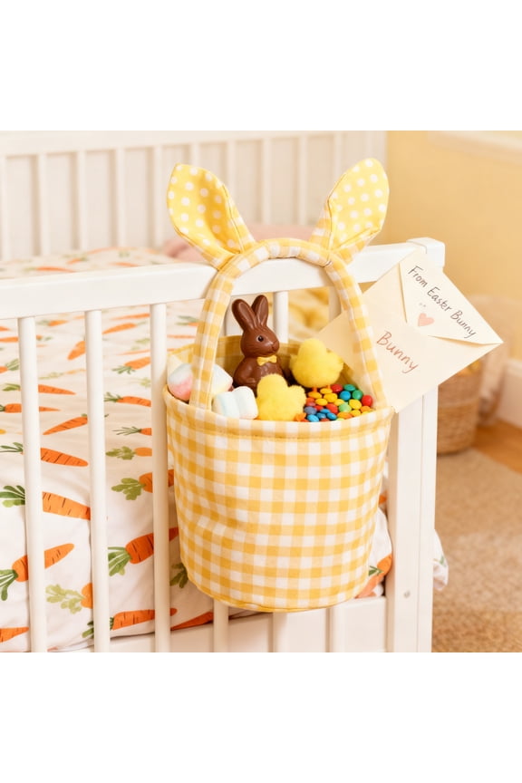 Easter Basket with Bunny Ears Plaid Fabric Handbag Tote Sky Blue Pink Purple Green Yellow 6.5x7Inch Gift Candy Storage Decor for Spring Party Favors