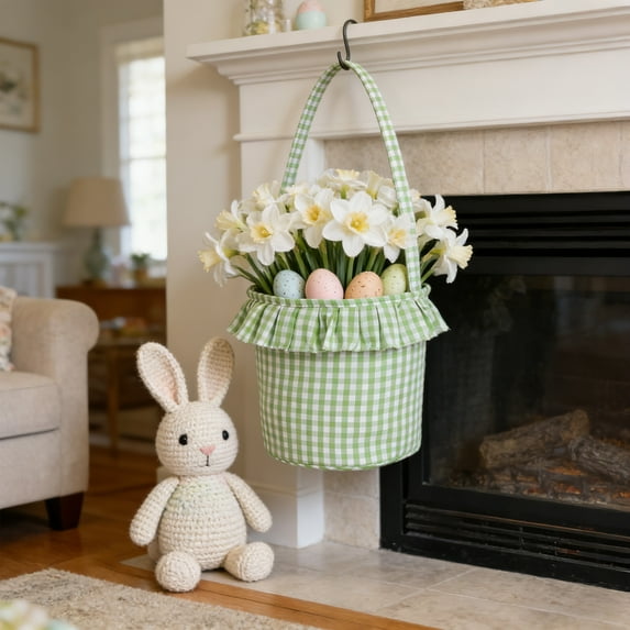 syligr Easter Basket Plaid Fabric Gift Basket for Girls Candy Egg Storage Handheld Bag Easter Party Decoration Holiday Home Decor Sky Blue Pink Green Color Choices Spring Celebration