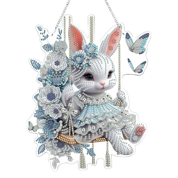 syligr Easter Bunny Acrylic Pendant Hanging Ornament with Chain for Door Window Wall, Painting Style Crystal Reflection Decor, Holiday Spring Home Garden Fireplace Decor