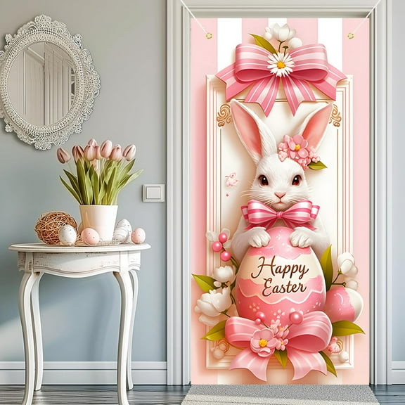 syligr Easter Door Flag Bunny Pink Eggs Happy Easter Sign Spring Holiday Outdoor Indoor Hanging Decor Welcome Sign Home Party Decoration Pink Bow Floral Border