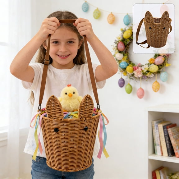 syligr Easter Woven Bunny Basket with Handle Rustic Storage Basket Harvest Basket 20x20x15cm Coffee Plastic Decorative Bin for Toys Books Flowers Nursery Living Room Organization