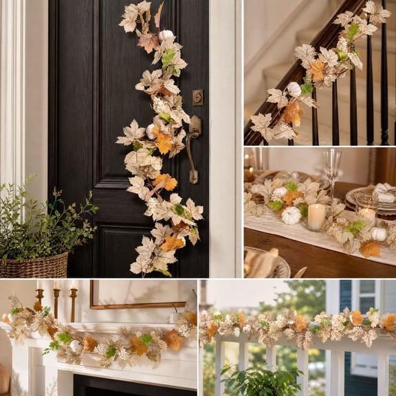 syligr Fall Maple Leaf Pumpkin Garland for Mantel Decor, 5.74FT Fall Hanging Vine with White Berries, Flexible Garland Hanging Decoration for Staircase Door Wall, Thanksgiving Autumn Home Decor