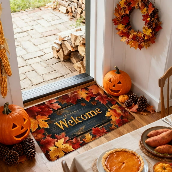 syligr Fall Rug with Maple Leaf & Pumpkin Patterns - Non-Slip Floor Mat for Entryway, Kitchen, Porch, Thanksgiving Harvest Decor Doormat with Anti-Fatigue Backing, Gift for Thanksgiving