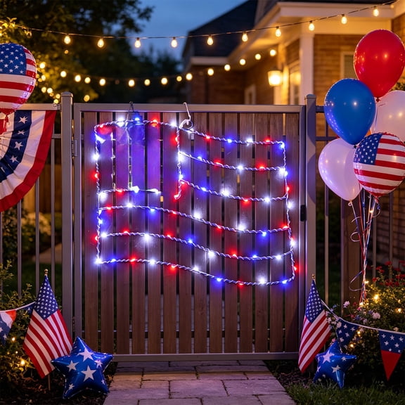 syligr Flag-Shaped LED Window Light for Independence Day, USB Powered, Remote Control, Patriotic Window Decor for Fourth of July, LED String Lights for Courtyard, Decorative Light for Memorial Day