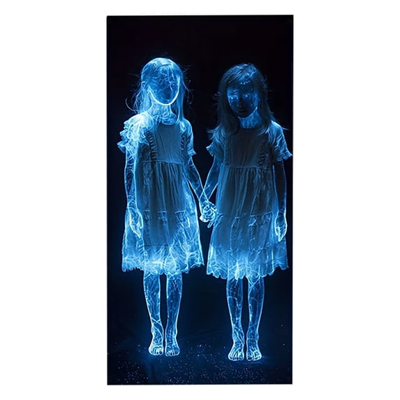 syligr Glow in The Dark Halloween Door Cover - Ghost Bride & Twin Ghosts Holding Hands, Blue Purple Gradient Chilling Light on Background, Haunted Porch Decor for Spooky House, Gothic Hanging Gift