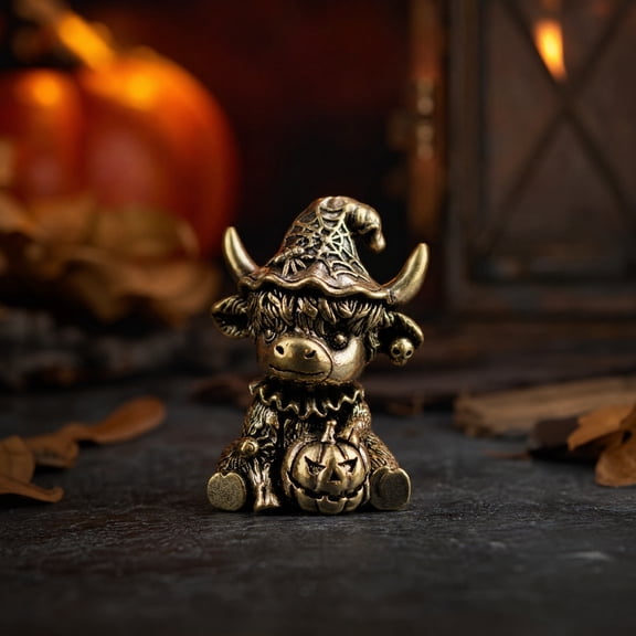 syligr Halloween Decor for Shelf Desk, Witch Cow Figurine with Spider Web Hat, Mini Copper Pumpkin Cow Statue for Tabletop Cabinet, Spooky Halloween Ornament for Home