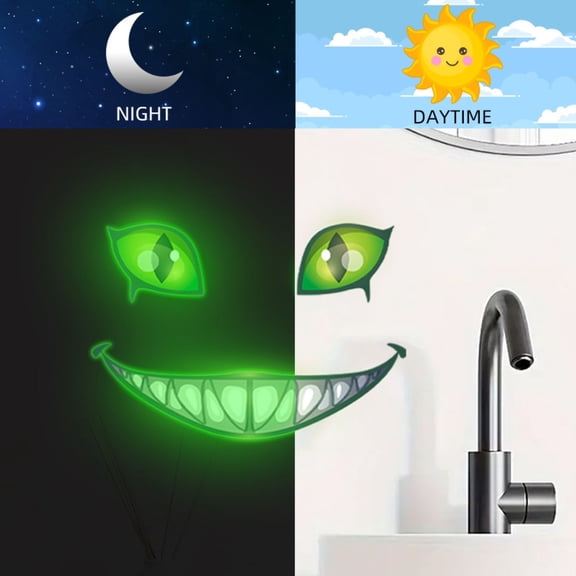 syligr Halloween Glow in Dark Evil Smile Face Sticker for Toilet Wall Mirror, Green Luminous Monster Teeth Prank Decal for Bathroom Window, Spooky Party Decor for Vehicle Home, 7.9x4.7 Inch