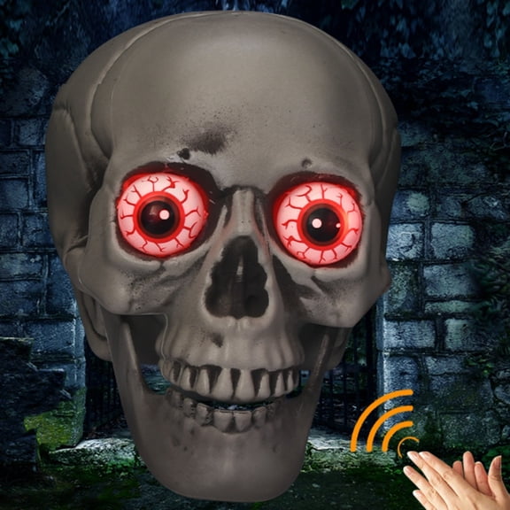 syligr Halloween Glowing Skull Decoration, Light Up Sound Skull Prop, Horror Skeleton Head for Party Prank Bar, Voice Activated Skull for Front Door Garden Yard, 7.5x7x5 Inch