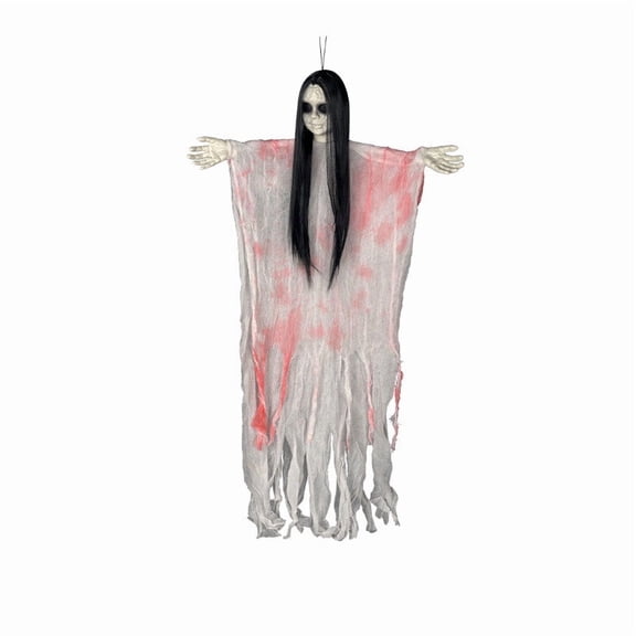 syligr Halloween Hanging Skeleton Ghost for Porch, Glowing Red Eyes Ghoul with Tattered Gauze Robe, Scary Hanging Decor for Party, Indoor Outdoor Spooky Prop, 46 Inch