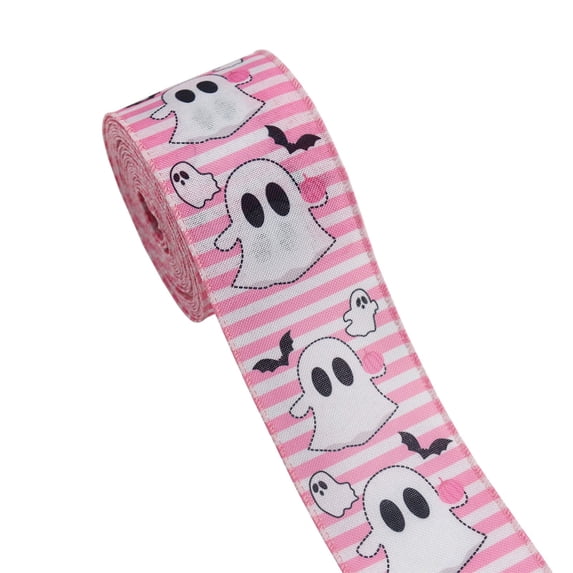 syligr Halloween Pink Ribbon for Wreath Decor and Gift Wrapping, 15 FT, Spooky Faux Linen with Ghost/Bat Partten, DIY Craft Decoration, Fall Party Supply, 5 Yards