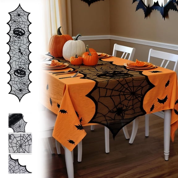syligr Halloween Table Runner Black Spider Web & Pumpkin - Scary Party Decor for Dining Table, Haunted House, Gothic Home Decoration, Long Rectangular Halloween Table Scarf