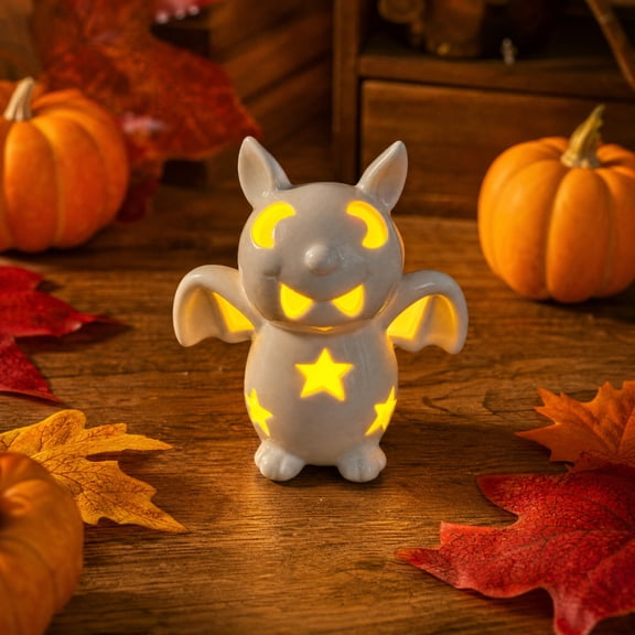 syligr Halloween White Bat Ceramic Decoration for Mantel Shelf Display, Glowing Bat Figurine with Luminous Effect for Tabletop, Spooky Scene Ornament for Party Home Decor, 5.9 Inch