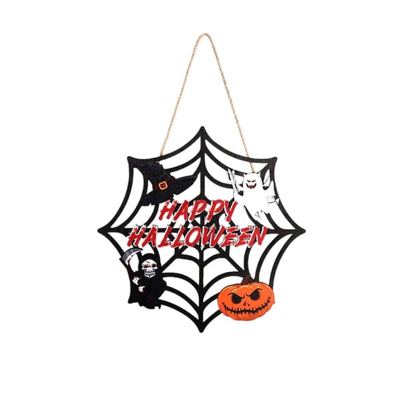 syligr Halloween Wooden Door Sign for Front Door, Spooky Spider Web Welcome Hanging Board with Rope, Rustic Wood Sign for Porch Wall Window, Farmhouse Fall Holiday Decor, 15x12 Inch