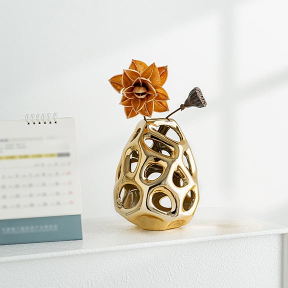 syligr Honeycomb Openwork Ceramic Vase with Gold Silver Electroplating Home & Tabletop Decor 7x5 Inches for Dried Flowers Pampas Grass Centerpiece Coffee Table Bedside Desk Modern Decor