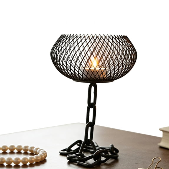 syligr Iron Cage Candlestick Holder with Black Chain Home & Tabletop Decor 6x5 Inches Matte Black Finish for Taper LED Pillar Candles Dining Table Centerpiece Bookshelf Vintage Decor