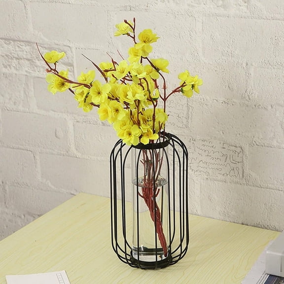 syligr Iron Lantern Vase 8.3"x5.1", Vintage Metal Test Tube Vase with Glass Cylinder, Gold/Black Flower Holder for Home Decor, Elegant Centerpiece for Living Room Table, Wedding Party Decoration