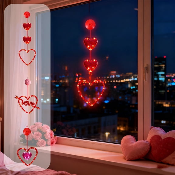 syligr Valentine's Day LED Curtain Lights Heart String Lights with Suction Cup Battery Operated for Bedroom Window Wedding Proposal Party Room Decor Romantic Atmosphere Light