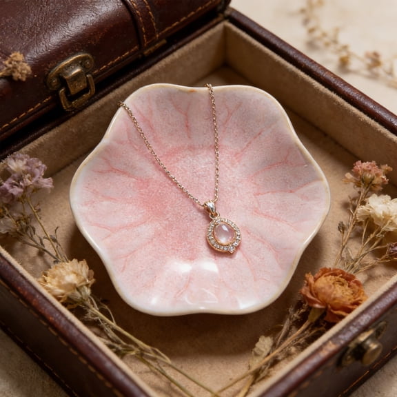 syligr Leaf Shaped Ceramic Ring Dish Trinket Tray Jewelry Organizer and Catchall for Bedroom Ceramic 4x3x1 Inch Glossy Pink/White Flower Design for Vanity Nightstand Key Bowl Housewarming Gift