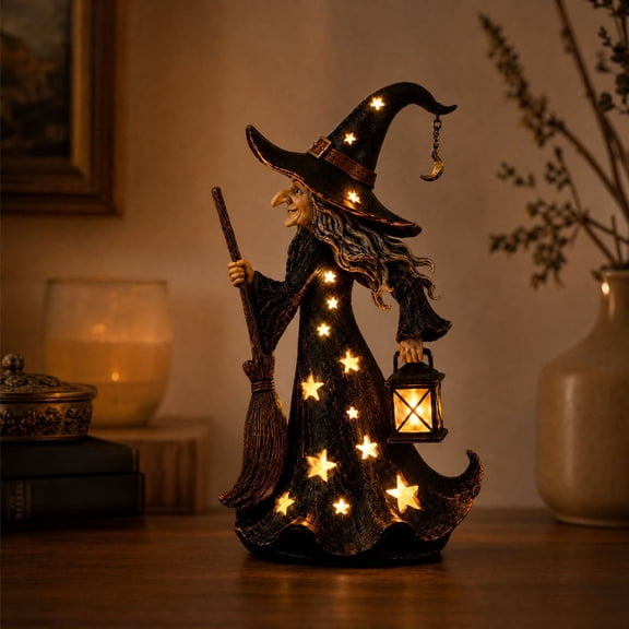 syligr Lighted Witch Statue for Halloween Decorations, Light Up Vintage Witch Figurine with Lantern & Broom, Spooky Tabletop Ornament for Mantel Shelf Porch, Holiday Party Decor Gift