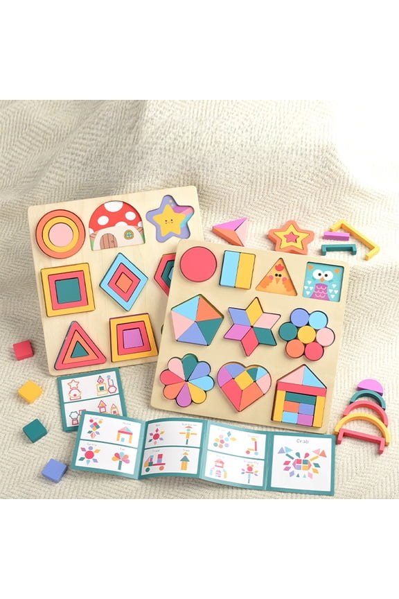 Montessori Early Education Geometry Puzzle Wooden Shape Building Blocks, Math Teaching Toy for Boys Girls, Enlightenment Learning Game, Safe Wood Material with Rounded Edges