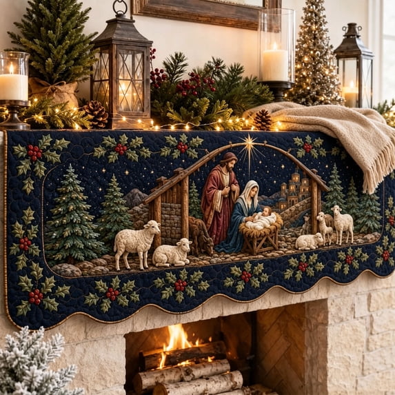 syligr Nativity Scene Mantel Scarf for Christmas Decorations, Religious Christmas Table Runner for Fireplace and Dining Table, Holiday Home Decoration, Tabletop Decor Gift, 74.8x18.1Inch