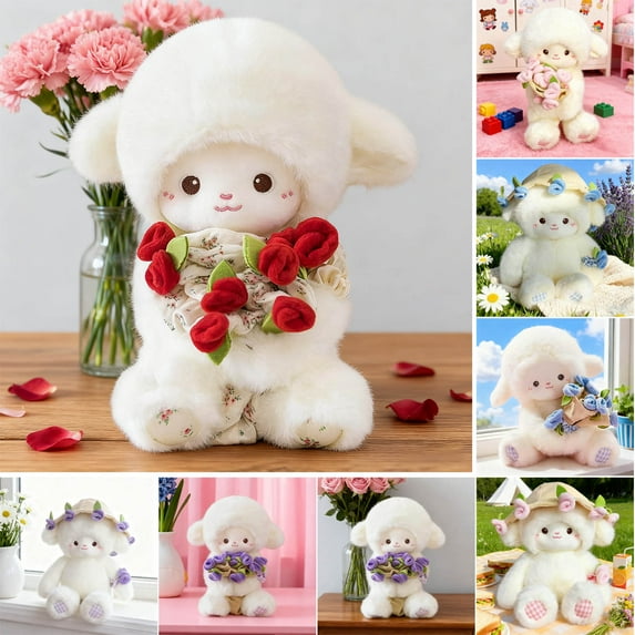 syligr Plush Sheep with Rose Bouquet Hat, Stuffed Animal Huggable Lamb Pillow 12 Inch, Cute Floral Animal Plushie for Kids, Valentines Gift for Girlfriend, Nursery Decor with Magnetic Feature